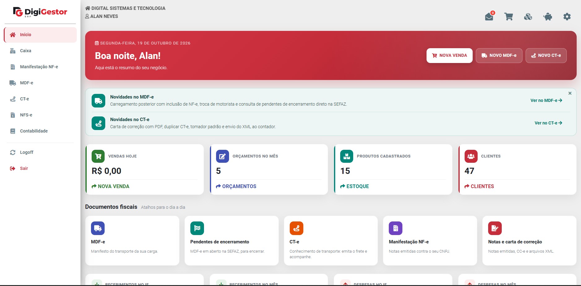 Tela inicial do DigiGestor ERP