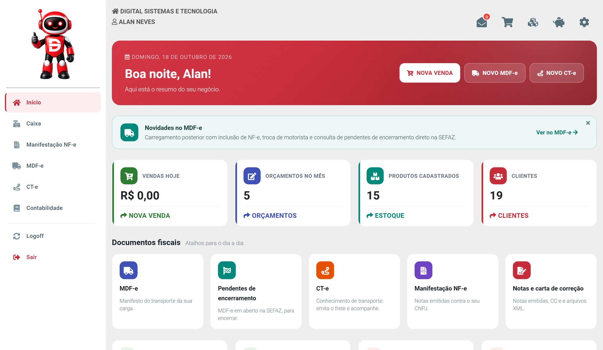 Tela inicial do Digital Sistema